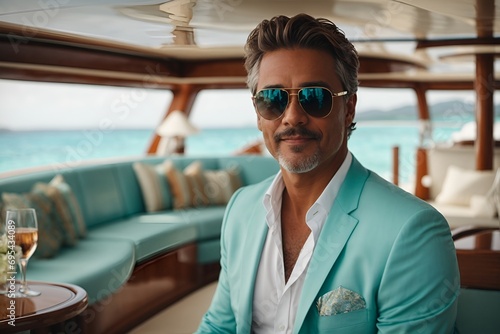 Businessman looking at the camera and seated in a luxury yacht photo