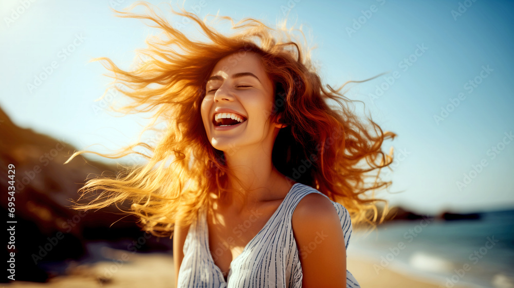 Happy young woman relaxing on the beach - Delightful girl enjoying the freedom of youth on a sunny day - Healthy lifestyle concept Happy young woman relaxing on the beach - Delightful girl enjoying the freedom of youth on a sunny day - Healthy lifestyle concept