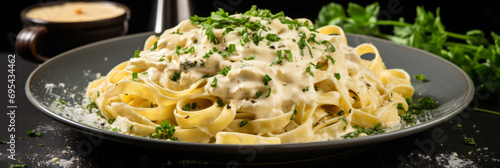 Delicious Italian pasta dish with creamy Alfredo sauce, garnished with parsley and parmesan.