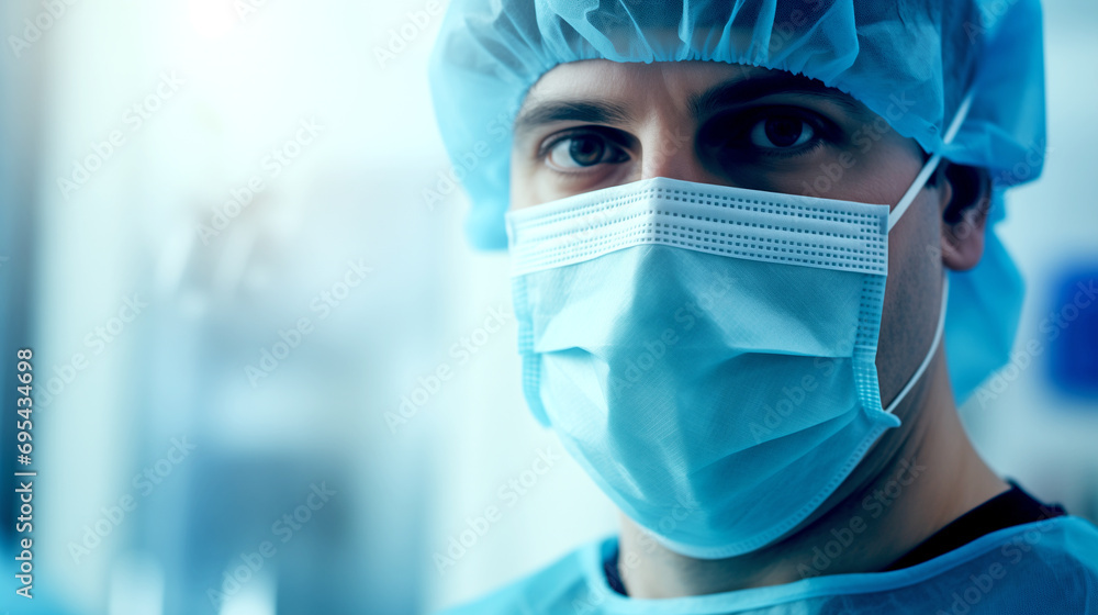 Close-up of a surgeon wearing a mask in front of the operating room - The surgeon is preparing for the operation
Close-up of a surgeon wearing a mask in front of the operating room - The surgeon is preparing for the operation