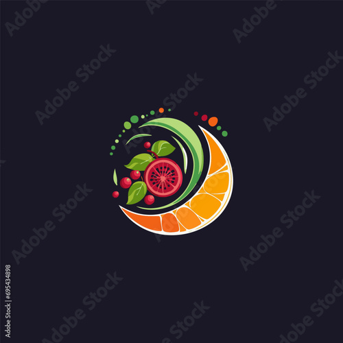 Bright colorful delicious fruit slice icon. Healthy natural organic food symbol. Abstract versatile graphic logo, creative flat design for cafe, restaurant, or juice and food brand. Vector logo