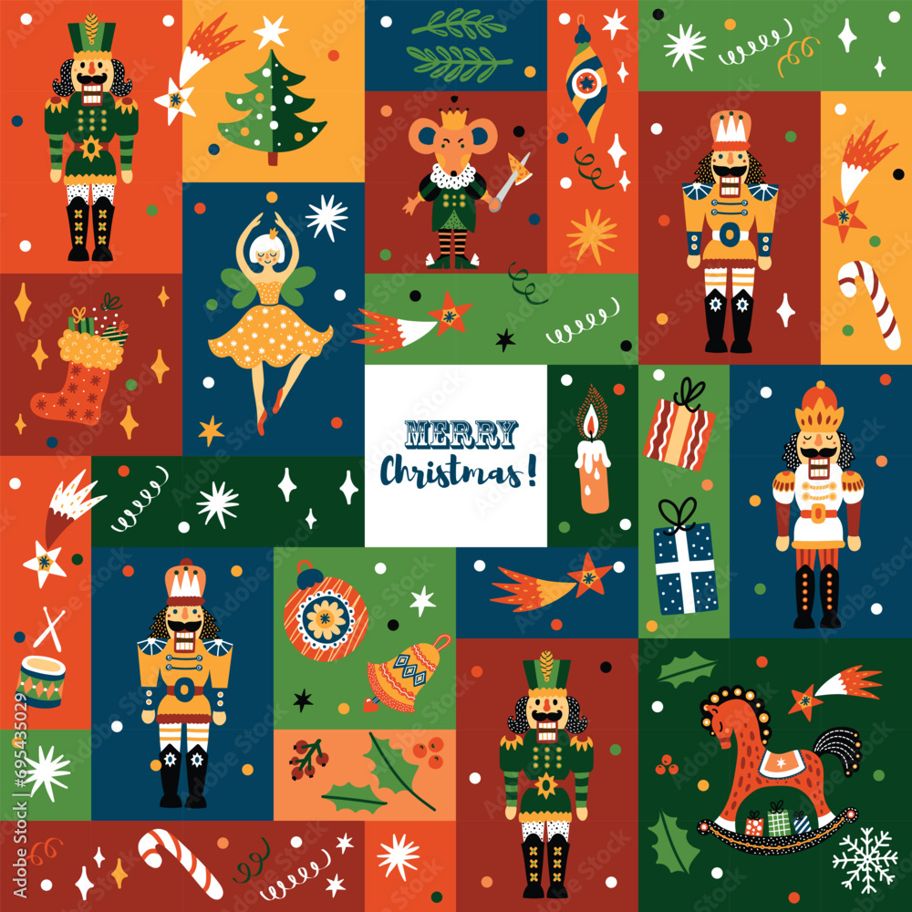 Nutcracker. Cute Christmas vector postcard. Christmas colorful illustration.
