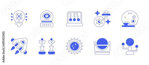 Science icon set. Duotone style line stroke and bold. Vector illustration. Containing light, spaceship, pendulum, cell, ufo, volume, alien, sprouts, full moon, planet.