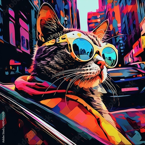  a painting of a cat wearing sunglasses while sitting in a car in the middle of a city with tall buildings on either side of the cat is looking out of the window.