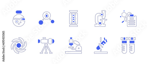 Science icon set. Duotone style line stroke and bold. Vector illustration. Containing flask, black hole, molecule, telescope, dna, microscope, test tube, clipboard. © Huticon