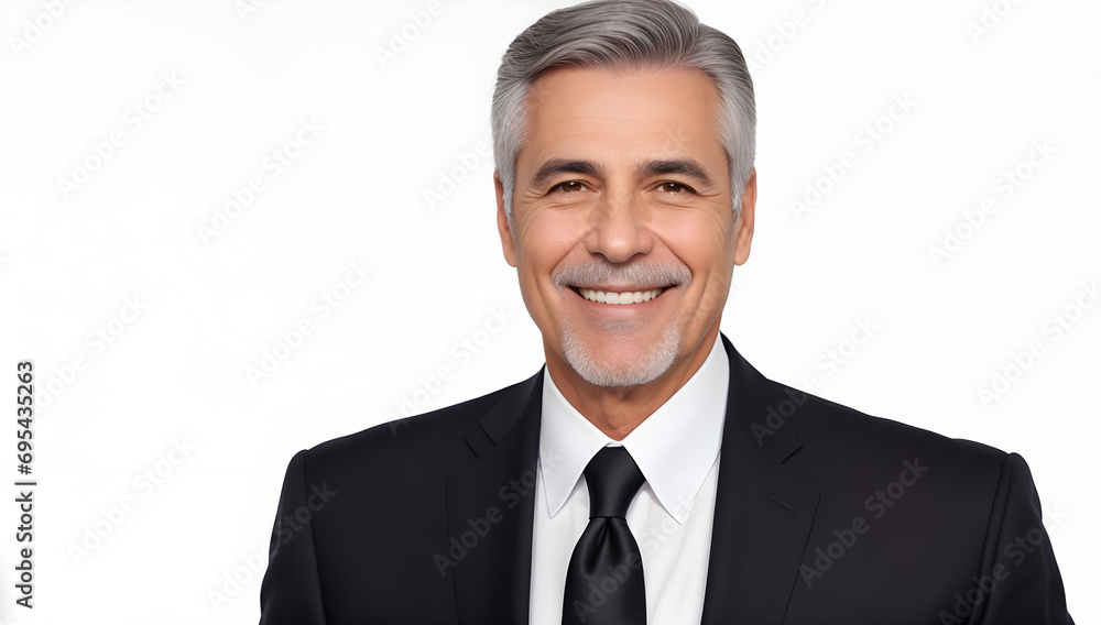 Portrait of a Mature Smiling Businessman with Gray Hair, White Teeth, and Black Suit Against a White Background with Copy Space Portrait of a Mature Smiling Businessman with Gray Hair, White Teeth, and Black Suit Against a White Background with Copy Space