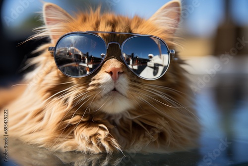  a close up of a cat wearing sunglasses with people reflected in the reflection of the cat's sunglasses on it's head and behind it's head. © Nadia