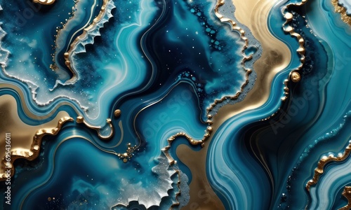 3d abstract marble wallpaper. Resin geode and abstract art, functional art, watercolor geode painting. golden, blue, turquoise and gray background, Generative AI