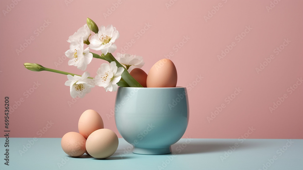 Easter theme abstract background with a lot of copy space of easter eggs against a solid color background Easter theme abstract background with a lot of copy space of easter eggs against a solid color background