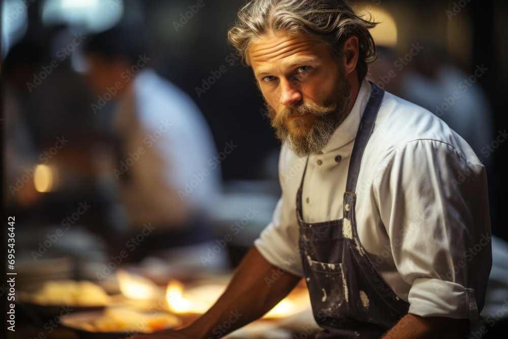 a man with a beard and a beard wearing an apron in front of a table with food on it and other people in the background working in a restaurant kitchen. a man with a beard and a beard wearing an apron in front of a table with food on it and other people in the background working in a restaurant kitchen.