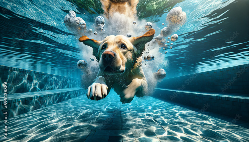 A photo-realistic image of dogs underwater, capturing the unique and dynamic perspective of swimming dogs - obrazy, fototapety, plakaty 