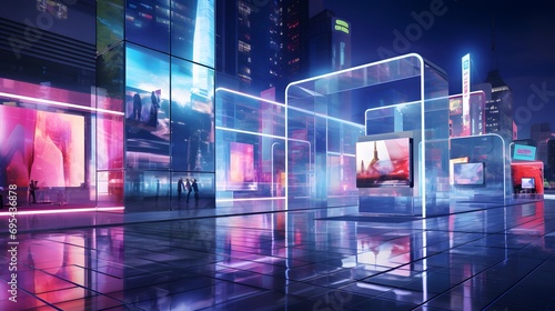 Digital composite of Futuristic city with glowing glass panels. 3d rendering