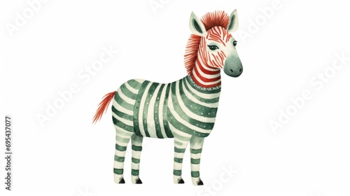 Cute zebra watercolor illustration in Christmas style. Funny animal in clothes.
