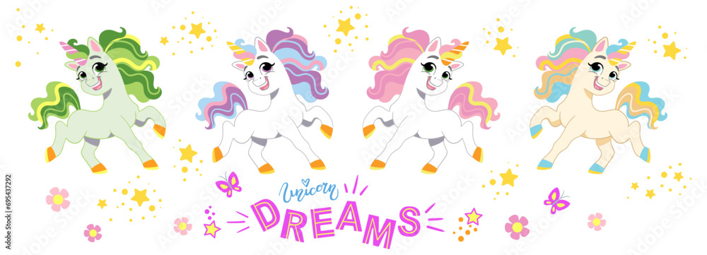 Collection of cute cartoon unicorn on a white background vector