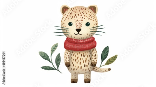 Cute leopard watercolor illustration in Christmas style. Funny animal in clothes.
