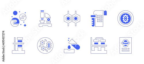 Science icon set. Duotone style line stroke and bold. Vector illustration. Containing microscope, petri dish, cell, chemical, planets, experiment, tube, flask, bacteria, ufo.