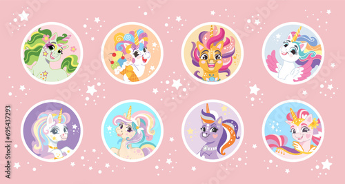 Collection of badges cute cartoon unicorn on a pink background vector