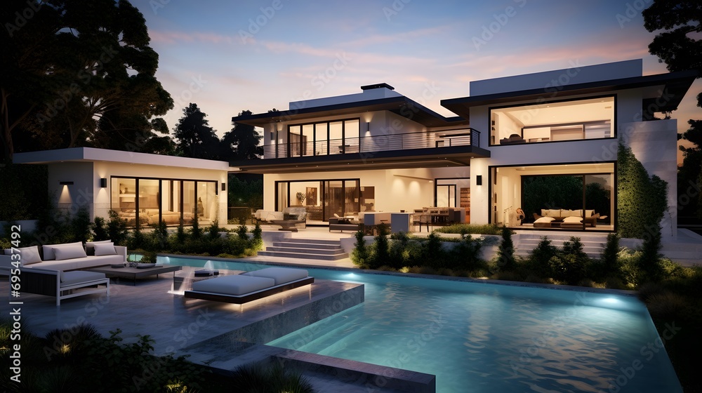 Panoramic view of modern house with swimming pool in evening.