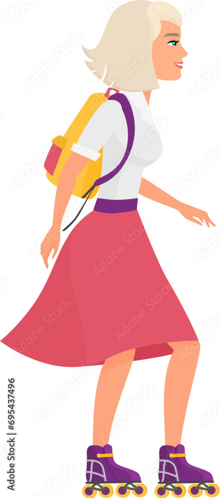 Side view of student girl with rollers skating. Female student with backpack cartoon vector illustration Side view of student girl with rollers skating. Female student with backpack cartoon vector illustration