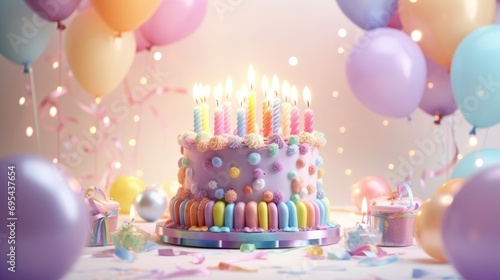 Pastel birthday cake with candles and gift boxes, balloons. Celebration background