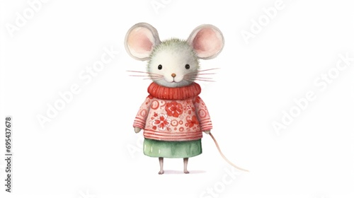 Cute mouse watercolor illustration in Christmas style. Funny animal in clothes.