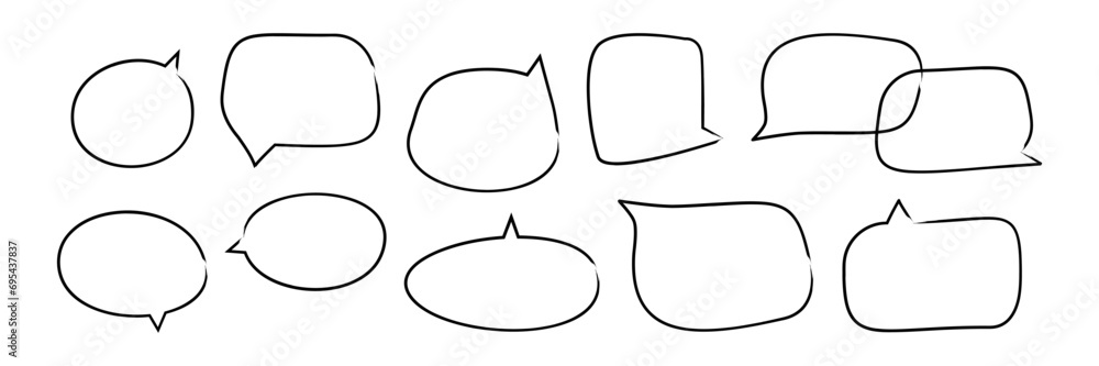 Fototapeta premium Hand drawn sketch speech bubbles set. Irregular shapes, grunge brush strokes. Line vector illustration isolated on transparent background