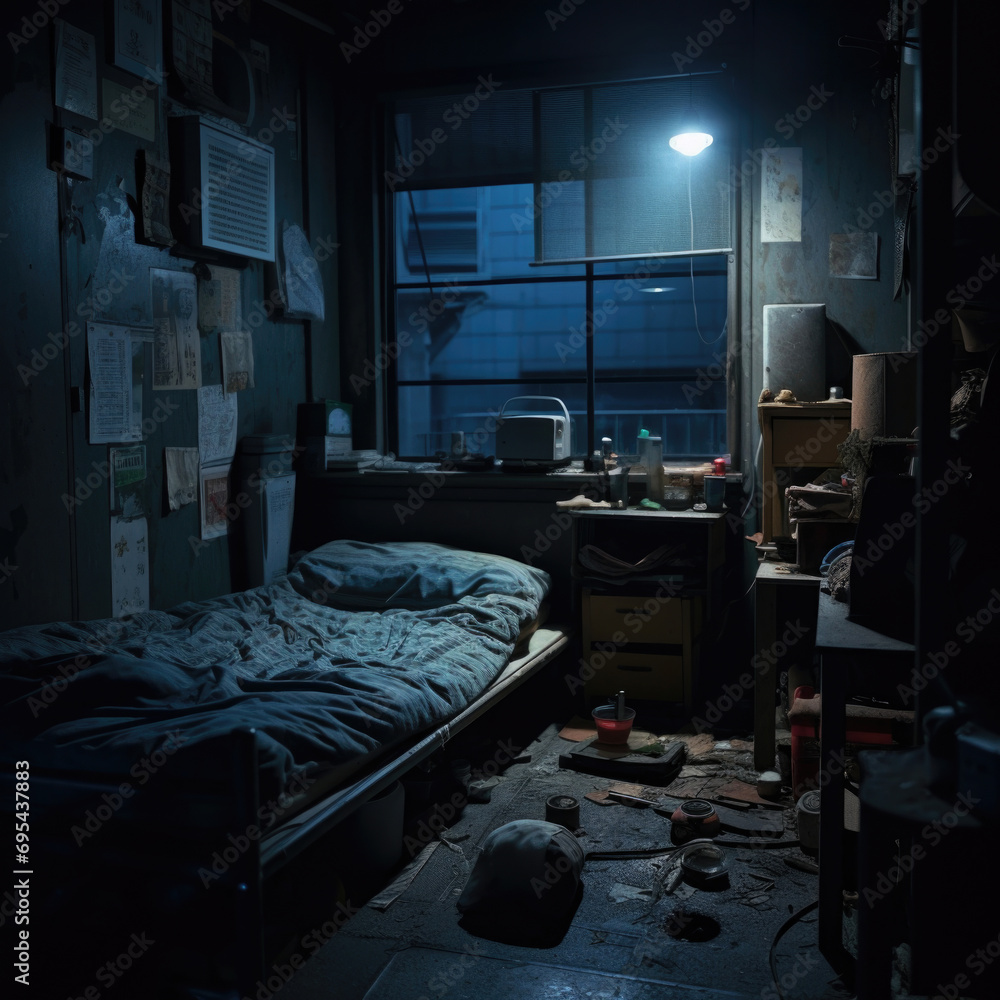 Neglectted Room Urban neglect: dimly lit room with trash and a glimmer of light Stock ...
