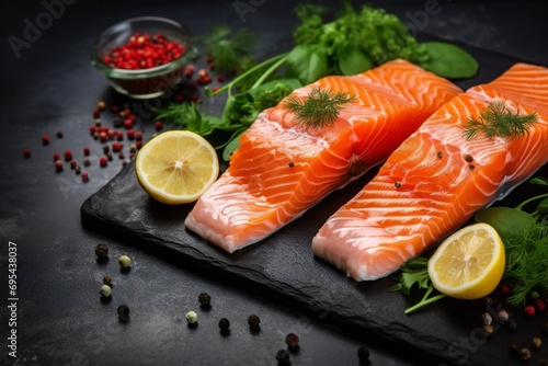 salmon fillet with pepper and lemon on dark wooden table. Fresh Salmon fish fillet