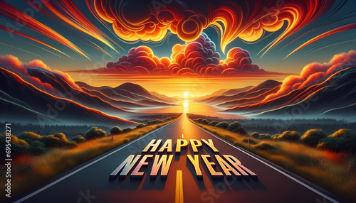 The Happy New Year 3D image landscape with a long road leading towards distant mountains under a sunset sky