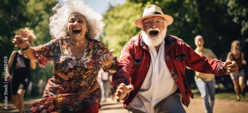 Joyful senior couple dancing in park surrounded by friends. Elderly recreation and leisure.