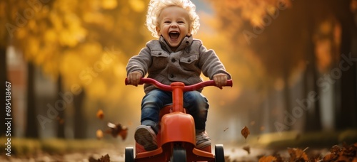 Joyful toddler riding tricycle in autumn park. Childhood and outdoor play. photo