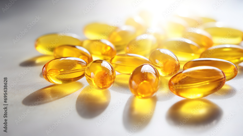 Cod liver oil omega 3 gel capsules on white table. Cod liver oil omega 3 gel capsules on white table.