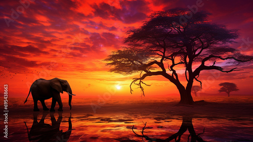 A breathtaking HD capture of an African sunset, featuring the silhouette of a majestic animal against the vibrant and warm hues of the sky.