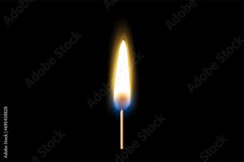 Match on black background. Burning match. Match charcoal. Lights. Vector illustration