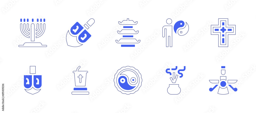 Spirituality icon set. Duotone style line stroke and bold. Vector illustration. Containing menorah, dreidel, pagoda, spinning top, yin yang, lectern, religion, incense, zoroastrianism, cross.