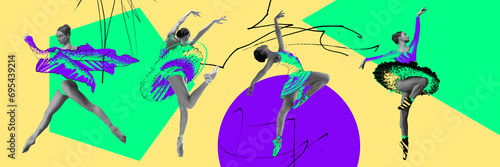 Elegant women, ballet dancers performing over colorful abstract background. Contemporary art collage. Elegant performance. Classical ballet, beauty, creativity, inspiration concept photo