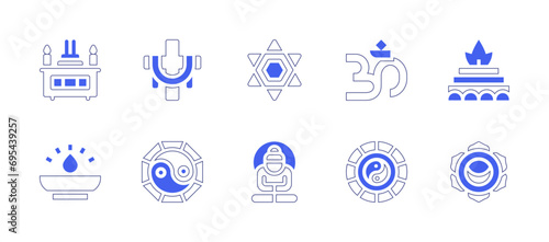 Spirituality icon set. Duotone style line stroke and bold. Vector illustration. Containing worship, holy water, star of david, cross, buddha, yin yang, yajna, svadhisthana, om.