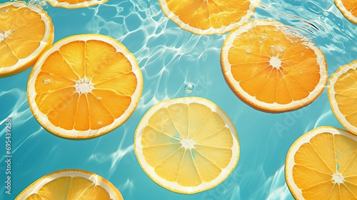 Orange slices floating in water on blue background, top view