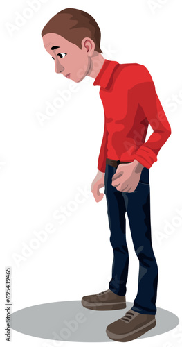 Young stooping man wearing red pullover isolated on white background. Humpbacked boy has problems with his back and spin. Vector flat illustration. photo