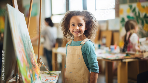 little beautiful girl draws on an easel in an art studio, drawing school, child, childhood, creativity, kid, smiling face, portrait, brush, paints, still life, picture, interior, student, master class photo