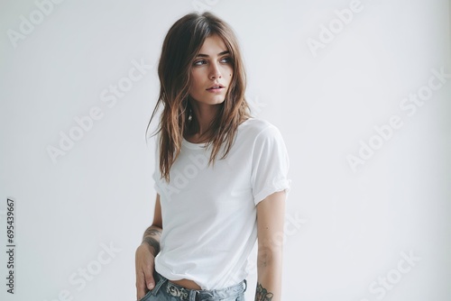 jeune femme en t-shirt blanc et jeans contre un mur blanc photo