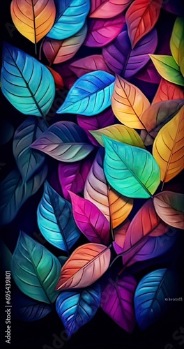 Colorful leaves spread out in large groups on black background