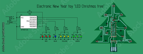 Electronic New Year toy "LED Christmas tree". 
Vector electrical schematic diagram and a printed 
circuit board of a digital electronic device. Pcb draft.