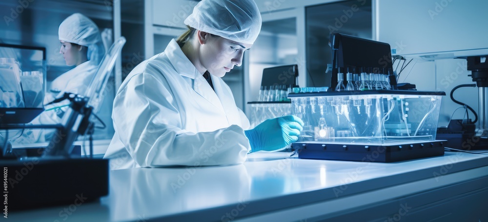 Close-up of a scientist working with cutting-edge biotechnology equipment in a state-of-the-art laboratory