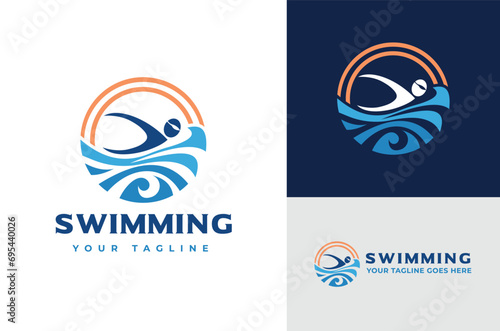 Illustration of a circular swimming pool, silhouette, sea, ocean, wave logo design
