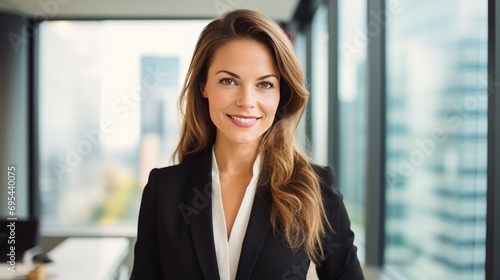 Capture the essence of success with a stunning close-up portrait of a businesswoman in a modern office