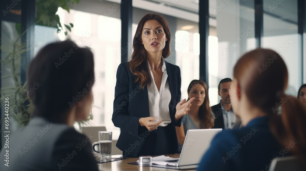 Confident woman leading a meeting in an office - obrazy, fototapety, plakaty 