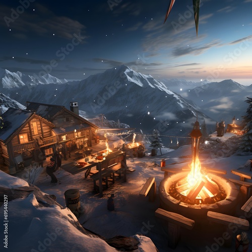 3D CG rendering of mountain village with wooden houses in the snow