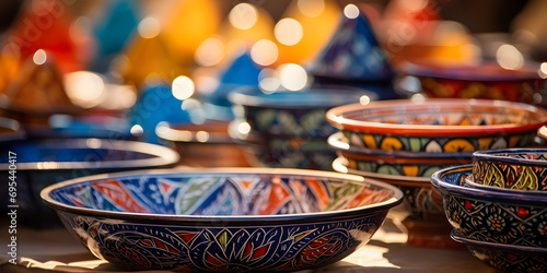 Colorful handcrafted ceramic plates and bowls in local bazaar. Colorful ceramic plates for sale in a souvenir shop Explore a spectrum of colors and patterns.AI Generative