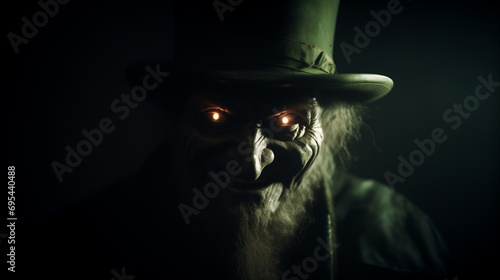 Fictional mythical evil creature leprechaun with glowing eyes and green top hat